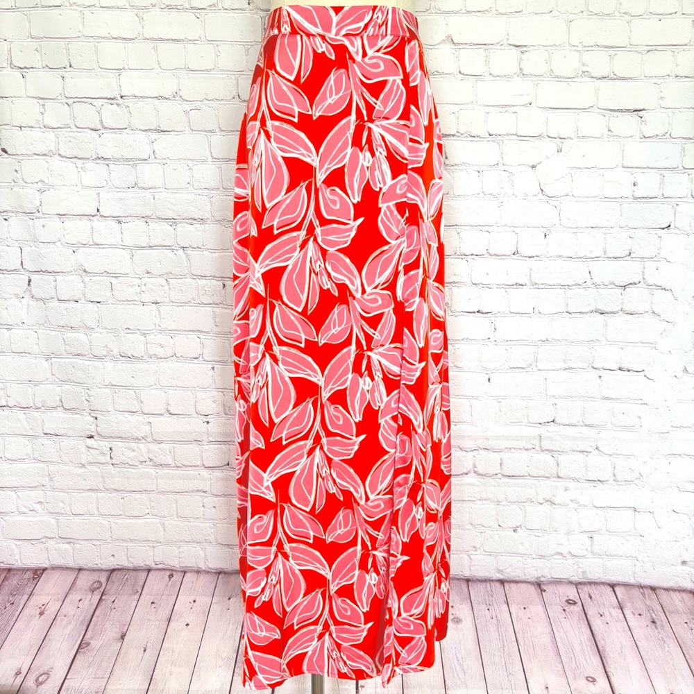 SINCERELY JULES A-Line Front Slit Satin Floral Pink & Red Maxi Skirt--L